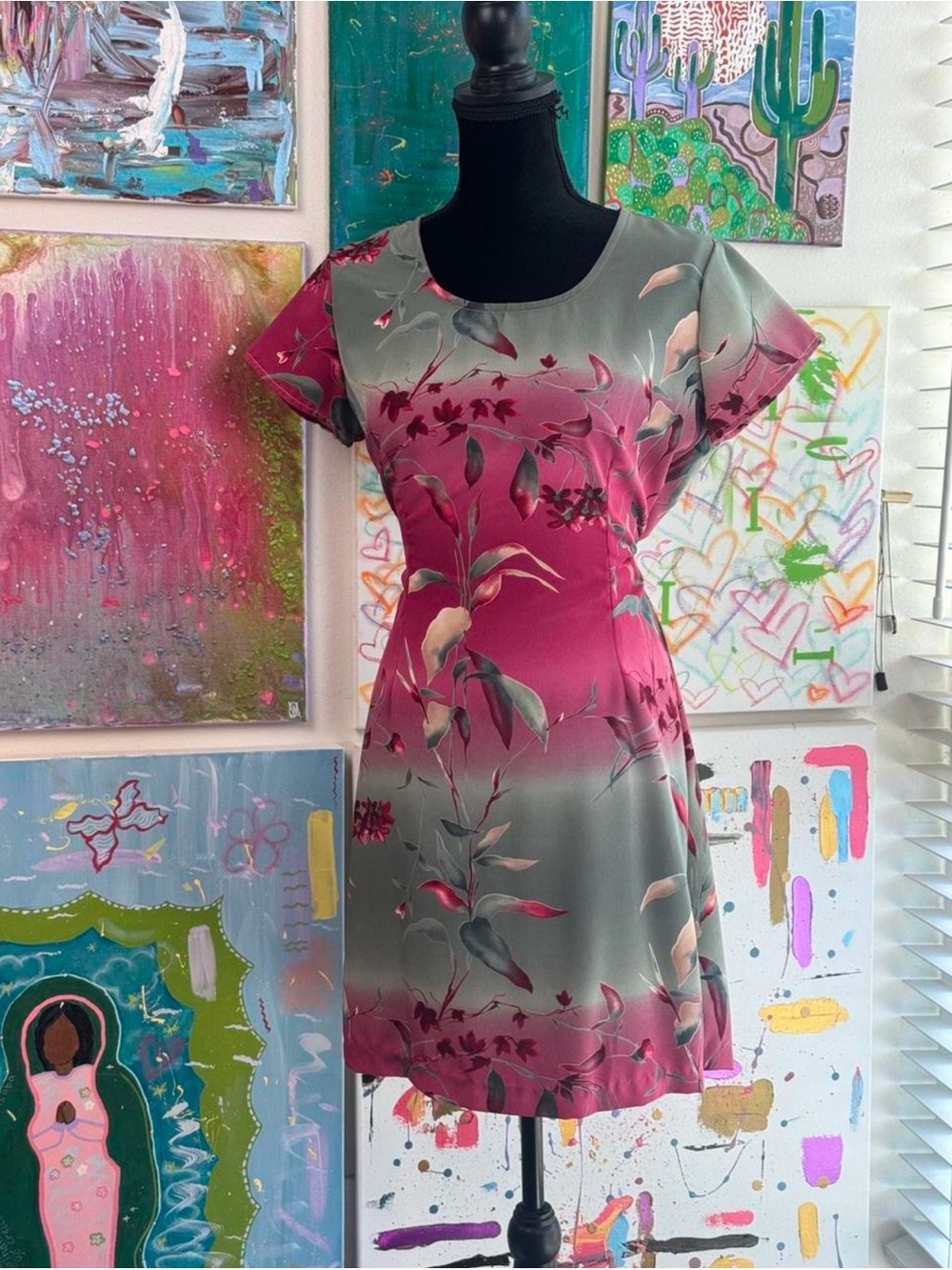Babydoll Floral Short-Sleeve Mini Dress in Pink and Gray